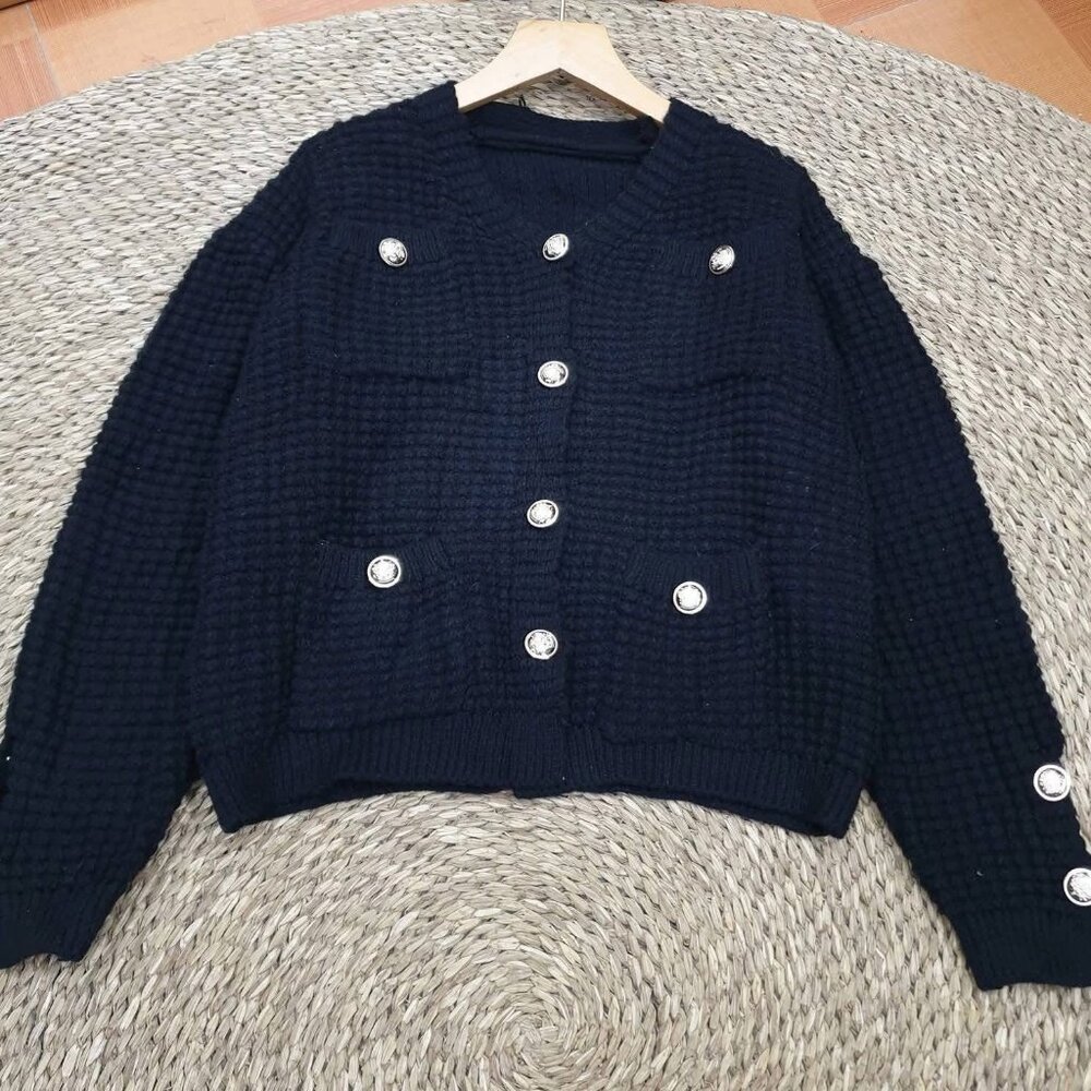 Navy Chunky Knit Double Breasted Silver Button Crop Cardigan